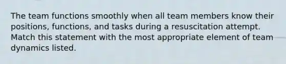 The team functions smoothly when all team members know their positions, functions, and tasks during a resuscitation attempt. Match this statement with the most appropriate element of team dynamics listed.