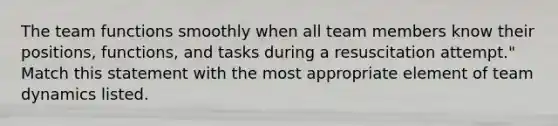 The team functions smoothly when all team members know their positions, functions, and tasks during a resuscitation attempt." Match this statement with the most appropriate element of team dynamics listed.