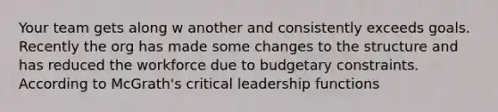 Your team gets along w another and consistently exceeds goals. Recently the org has made some changes to the structure and has reduced the workforce due to budgetary constraints. According to McGrath's critical leadership functions