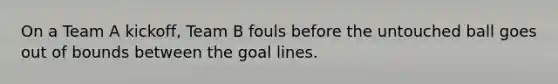 On a Team A kickoff, Team B fouls before the untouched ball goes out of bounds between the goal lines.