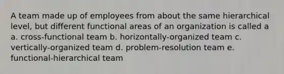 A team made up of employees from about the same hierarchical level, but different functional areas of an organization is called a a. cross-functional team b. horizontally-organized team c. vertically-organized team d. problem-resolution team e. functional-hierarchical team