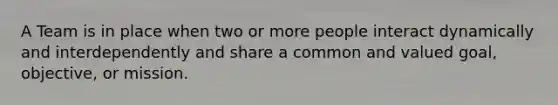 A Team is in place when two or more people interact dynamically and interdependently and share a common and valued goal, objective, or mission.