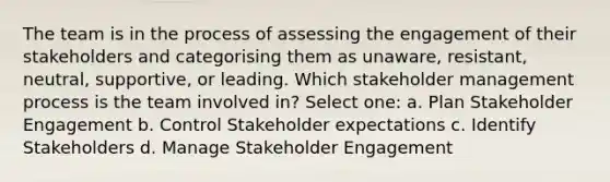 The team is in the process of assessing the engagement of their stakeholders and categorising them as unaware, resistant, neutral, supportive, or leading. Which stakeholder management process is the team involved in? Select one: a. Plan Stakeholder Engagement b. Control Stakeholder expectations c. Identify Stakeholders d. Manage Stakeholder Engagement