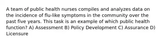 A team of public health nurses compiles and analyzes data on the incidence of flu-like symptoms in the community over the past five years. This task is an example of which public health function? A) Assessment B) Policy Development C) Assurance D) Licensure