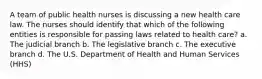 A team of public health nurses is discussing a new health care law. The nurses should identify that which of the following entities is responsible for passing laws related to health care? a. The judicial branch b. The legislative branch c. The executive branch d. The U.S. Department of Health and Human Services (HHS)