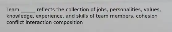 Team ______ reflects the collection of jobs, personalities, values, knowledge, experience, and skills of team members. cohesion conflict interaction composition