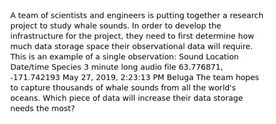 A team of scientists and engineers is putting together a research project to study whale sounds. In order to develop the infrastructure for the project, they need to first determine how much data storage space their observational data will require. This is an example of a single observation: Sound Location Date/time Species 3 minute long audio file 63.776871, -171.742193 May 27, 2019, 2:23:13 PM Beluga The team hopes to capture thousands of whale sounds from all the world's oceans. Which piece of data will increase their data storage needs the most?