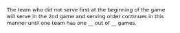 The team who did not serve first at the beginning of the game will serve in the 2nd game and serving order continues in this manner until one team has one __ out of __ games.