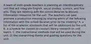 A team of sixth-grade teachers is planning an interdisciplinary unit that will integrate English, social studies, science, and fine arts. They are meeting with the school librarian to discuss information resources for the unit. The teachers can best promote a productive meeting by sharing which of the following information with the school librarian prior to the meeting? A. a list of the academic standards that will be addressed by the unit. B. a schedule for classes to conduct library research on unit topics. C. the instructional methods that will be used during the unit. D. the overarching theme and guiding questions for the unit.