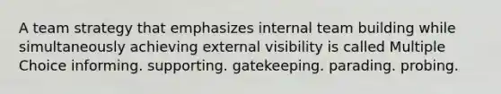 A team strategy that emphasizes internal team building while simultaneously achieving external visibility is called Multiple Choice informing. supporting. gatekeeping. parading. probing.