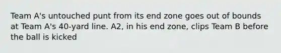 Team A's untouched punt from its end zone goes out of bounds at Team A's 40-yard line. A2, in his end zone, clips Team B before the ball is kicked