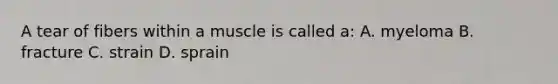 A tear of fibers within a muscle is called a: A. myeloma B. fracture C. strain D. sprain