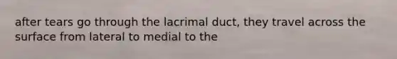 after tears go through the lacrimal duct, they travel across the surface from lateral to medial to the