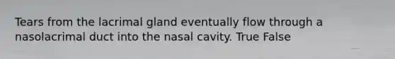 Tears from the lacrimal gland eventually flow through a nasolacrimal duct into the nasal cavity. True False