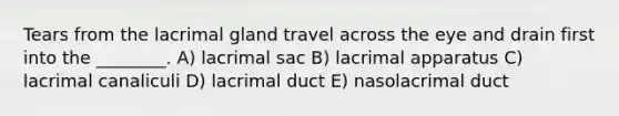 Tears from the lacrimal gland travel across the eye and drain first into the ________. A) lacrimal sac B) lacrimal apparatus C) lacrimal canaliculi D) lacrimal duct E) nasolacrimal duct