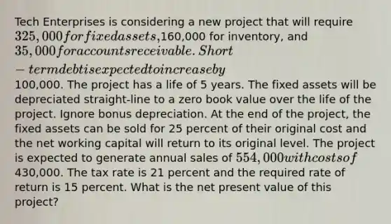 Tech Enterprises is considering a new project that will require 325,000 for fixed assets,160,000 for inventory, and 35,000 for accounts receivable. Short-term debt is expected to increase by100,000. The project has a life of 5 years. The fixed assets will be depreciated straight-line to a zero book value over the life of the project. Ignore bonus depreciation. At the end of the project, the fixed assets can be sold for 25 percent of their original cost and the net working capital will return to its original level. The project is expected to generate annual sales of 554,000 with costs of430,000. The tax rate is 21 percent and the required rate of return is 15 percent. What is the net present value of this project?