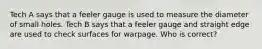 Tech A says that a feeler gauge is used to measure the diameter of small holes. Tech B says that a feeler gauge and straight edge are used to check surfaces for warpage. Who is correct?