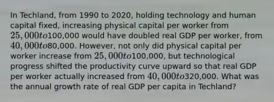 In Techland, from 1990 to 2020, holding technology and human capital fixed, increasing physical capital per worker from 25,000 to100,000 would have doubled real GDP per worker, from 40,000 to80,000. However, not only did physical capital per worker increase from 25,000 to100,000, but technological progress shifted the productivity curve upward so that real GDP per worker actually increased from 40,000 to320,000. What was the annual growth rate of real GDP per capita in Techland?