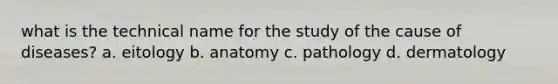 what is the technical name for the study of the cause of diseases? a. eitology b. anatomy c. pathology d. dermatology