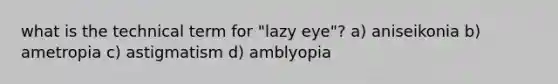 what is the technical term for "lazy eye"? a) aniseikonia b) ametropia c) astigmatism d) amblyopia