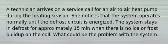 A technician arrives on a service call for an air-to-air heat pump during the heating season. She notices that the system operates normally until the defrost circuit is energized. The system stays in defrost for approximately 15 min when there is no ice or frost buildup on the coil. What could be the problem with the system: