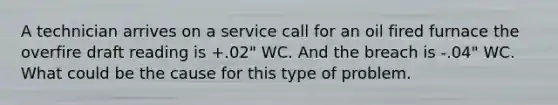 A technician arrives on a service call for an oil fired furnace the overfire draft reading is +.02" WC. And the breach is -.04" WC. What could be the cause for this type of problem.