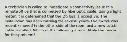 A technician is called to investigate a connectivity issue to a remote office that is connected by fiber optic cable. Using a light meter, it is determined that the Db loss is excessive. The installation has been working for several years. The switch was recently moved to the other side of the room and a new patch cable installed. Which of the following is most likely the reason for this problem?