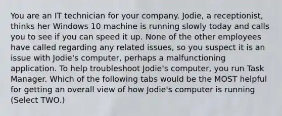 You are an IT technician for your company. Jodie, a receptionist, thinks her Windows 10 machine is running slowly today and calls you to see if you can speed it up. None of the other employees have called regarding any related issues, so you suspect it is an issue with Jodie's computer, perhaps a malfunctioning application. To help troubleshoot Jodie's computer, you run Task Manager. Which of the following tabs would be the MOST helpful for getting an overall view of how Jodie's computer is running (Select TWO.)