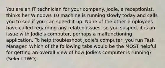 You are an IT technician for your company. Jodie, a receptionist, thinks her Windows 10 machine is running slowly today and calls you to see if you can speed it up. None of the other employees have called regarding any related issues, so you suspect it is an issue with Jodie's computer, perhaps a malfunctioning application. To help troubleshoot Jodie's computer, you run Task Manager. Which of the following tabs would be the MOST helpful for getting an overall view of how Jodie's computer is running? (Select TWO).