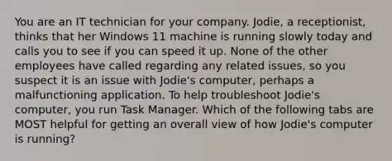 You are an IT technician for your company. Jodie, a receptionist, thinks that her Windows 11 machine is running slowly today and calls you to see if you can speed it up. None of the other employees have called regarding any related issues, so you suspect it is an issue with Jodie's computer, perhaps a malfunctioning application. To help troubleshoot Jodie's computer, you run Task Manager. Which of the following tabs are MOST helpful for getting an overall view of how Jodie's computer is running?