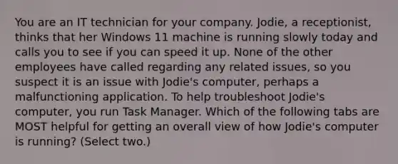 You are an IT technician for your company. Jodie, a receptionist, thinks that her Windows 11 machine is running slowly today and calls you to see if you can speed it up. None of the other employees have called regarding any related issues, so you suspect it is an issue with Jodie's computer, perhaps a malfunctioning application. To help troubleshoot Jodie's computer, you run Task Manager. Which of the following tabs are MOST helpful for getting an overall view of how Jodie's computer is running? (Select two.)