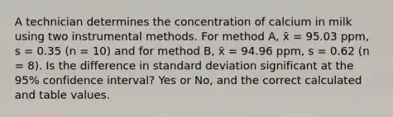 A technician determines the concentration of calcium in milk using two instrumental methods. For method A, x̄ = 95.03 ppm, s = 0.35 (n = 10) and for method B, x̄ = 94.96 ppm, s = 0.62 (n = 8). Is the difference in standard deviation significant at the 95% confidence interval? Yes or No, and the correct calculated and table values.