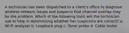 A technician has been dispatched to a client's office to diagnose wireless network issues and suspects that channel overlap may be the problem. Which of the following tools will the technician use to help in determining whether her suspicions are correct? a. Wi-Fi analyzer b. Loopback plug c. Toner probe d. Cable tester