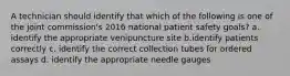 A technician should identify that which of the following is one of the joint commission's 2016 national patient safety goals? a. identify the appropriate venipuncture site b.identify patients correctly c. identify the correct collection tubes for ordered assays d. identify the appropriate needle gauges