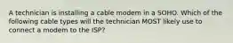 A technician is installing a cable modem in a SOHO. Which of the following cable types will the technician MOST likely use to connect a modem to the ISP?