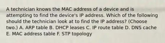 A technician knows the MAC address of a device and is attempting to find the device's IP address. Which of the following should the technician look at to find the IP address? (Choose two.) A. ARP table B. DHCP leases C. IP route table D. DNS cache E. MAC address table F. STP topology