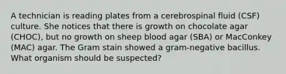 A technician is reading plates from a cerebrospinal fluid (CSF) culture. She notices that there is growth on chocolate agar (CHOC), but no growth on sheep blood agar (SBA) or MacConkey (MAC) agar. The Gram stain showed a gram-negative bacillus. What organism should be suspected?