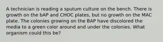 A technician is reading a sputum culture on the bench. There is growth on the bAP and CHOC plates, but no growth on the MAC plate. The colonies growing on the BAP have discolored the media to a green color around and under the colonies. What organism could this be?