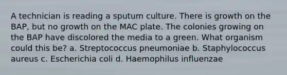 A technician is reading a sputum culture. There is growth on the BAP, but no growth on the MAC plate. The colonies growing on the BAP have discolored the media to a green. What organism could this be? a. Streptococcus pneumoniae b. Staphylococcus aureus c. Escherichia coli d. Haemophilus influenzae