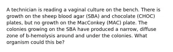 A technician is reading a vaginal culture on the bench. There is growth on the sheep blood agar (SBA) and chocolate (CHOC) plates, but no growth on the MacConkey (MAC) plate. The colonies growing on the SBA have produced a narrow, diffuse zone of b-hemolysis around and under the colonies. What organism could this be?