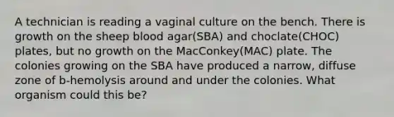 A technician is reading a vaginal culture on the bench. There is growth on the sheep blood agar(SBA) and choclate(CHOC) plates, but no growth on the MacConkey(MAC) plate. The colonies growing on the SBA have produced a narrow, diffuse zone of b-hemolysis around and under the colonies. What organism could this be?