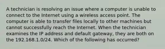 A technician is resolving an issue where a computer is unable to connect to the Internet using a wireless access point. The computer is able to transfer files locally to other machines but cannot successfully reach the Internet. When the technician examines the IP address and default gateway, they are both on the 192.168.1.0/24. Which of the following has occurred?