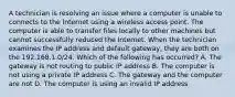 A technician is resolving an issue where a computer is unable to connects to the Internet using a wireless access point. The computer is able to transfer files locally to other machines but cannot successfully reduced the Internet. When the technician examines the IP address and default gateway, they are both on the 192.168.1.0/24. Which of the following has occurred? A. The gateway is not routing to public IP address B. The computer is not using a private IP address C. The gateway and the computer are not D. The computer is using an invalid IP address