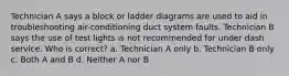 Technician A says a block or ladder diagrams are used to aid in troubleshooting air-conditioning duct system faults. Technician B says the use of test lights is not recommended for under dash service. Who is correct? a. Technician A only b. Technician B only c. Both A and B d. Neither A nor B