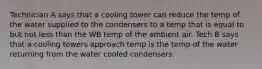 Technician A says that a cooling tower can reduce the temp of the water supplied to the condensers to a temp that is equal to but not less than the WB temp of the ambient air. Tech B says that a cooling towers approach temp is the temp of the water returning from the water cooled condensers.