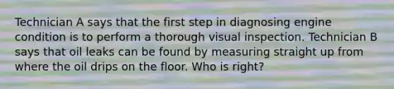 Technician A says that the first step in diagnosing engine condition is to perform a thorough visual inspection. Technician B says that oil leaks can be found by measuring straight up from where the oil drips on the floor. Who is right?