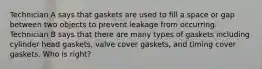 Technician A says that gaskets are used to fill a space or gap between two objects to prevent leakage from occurring. Technician B says that there are many types of gaskets including cylinder head gaskets, valve cover gaskets, and timing cover gaskets. Who is right?