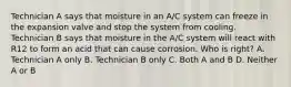 Technician A says that moisture in an A/C system can freeze in the expansion valve and stop the system from cooling. Technician B says that moisture in the A/C system will react with R12 to form an acid that can cause corrosion. Who is right? A. Technician A only B. Technician B only C. Both A and B D. Neither A or B