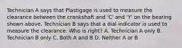 Technician A says that Plastigage is used to measure the clearance between the crankshaft and 'C' and 'Y' on the bearing shown above. Technician B says that a dial indicator is used to measure the clearance. Who is right? A. Technician A only B. Technician B only C. Both A and B D. Neither A or B