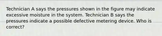 Technician A says the pressures shown in the figure may indicate excessive moisture in the system. Technician B says the pressures indicate a possible defective metering device. Who is correct?